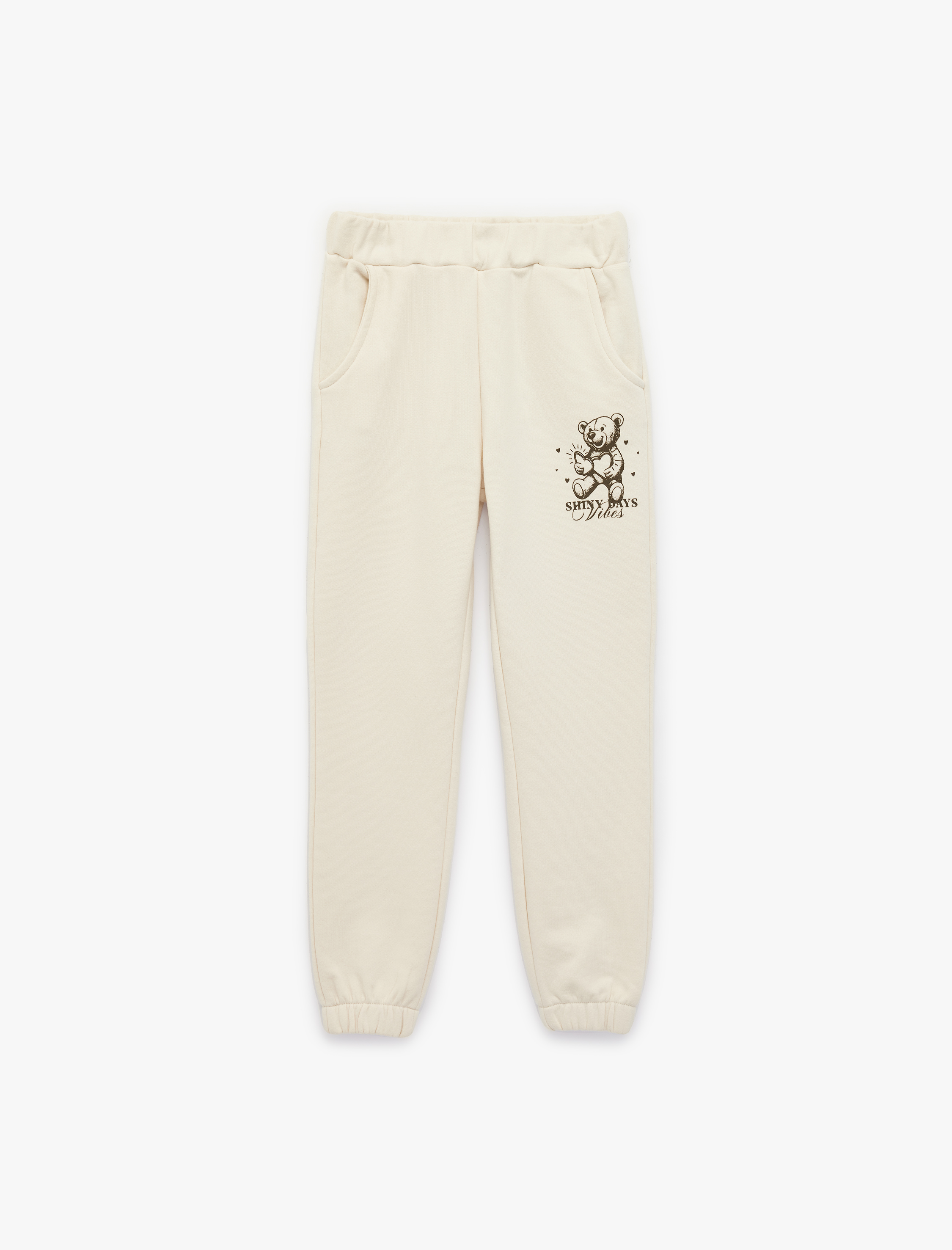  Kız Çocuk Ayıcık Baskılı Cepli Beli Lastikli Şardonlu Jogger Eşofman Altı