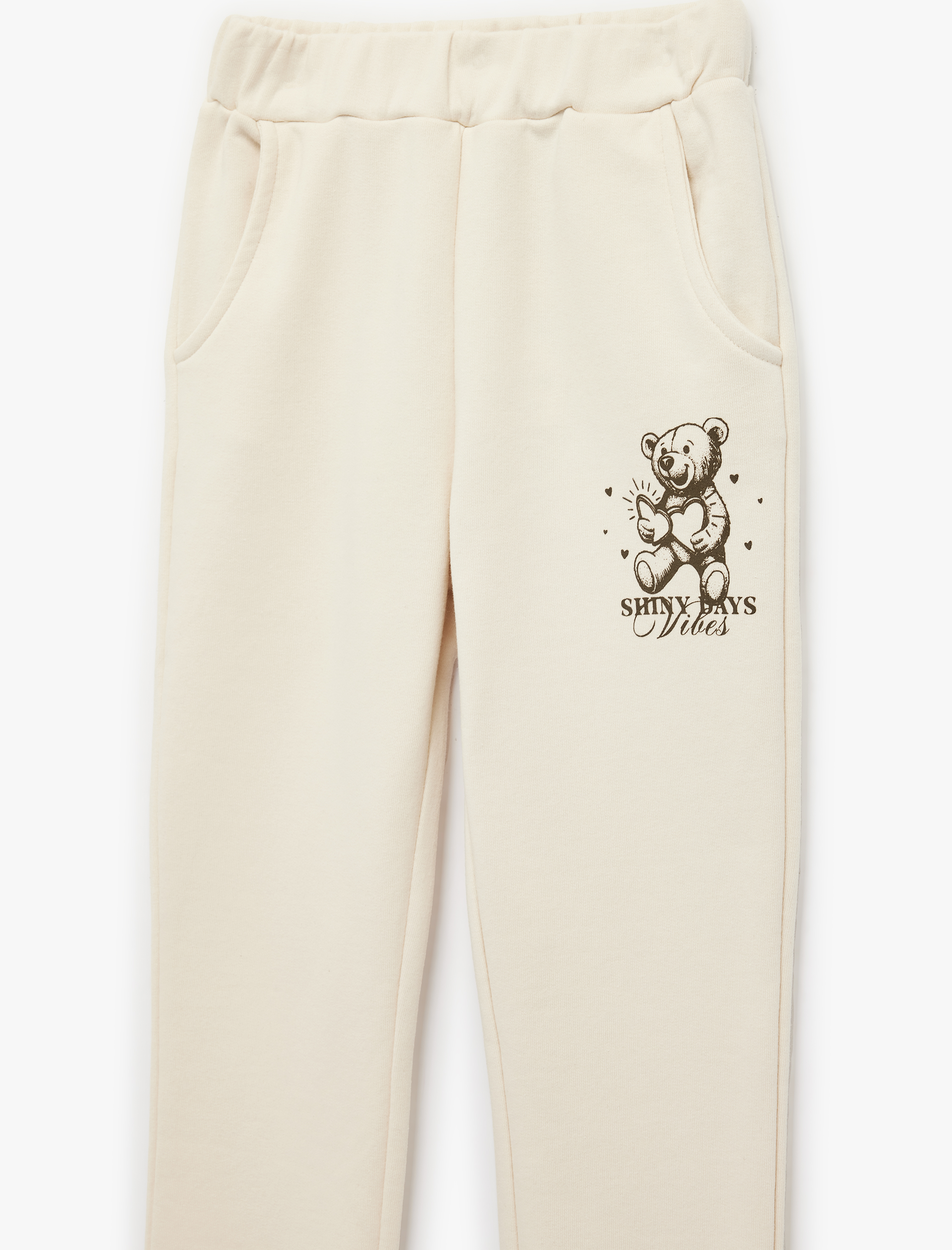  Kız Çocuk Ayıcık Baskılı Cepli Beli Lastikli Şardonlu Jogger Eşofman Altı