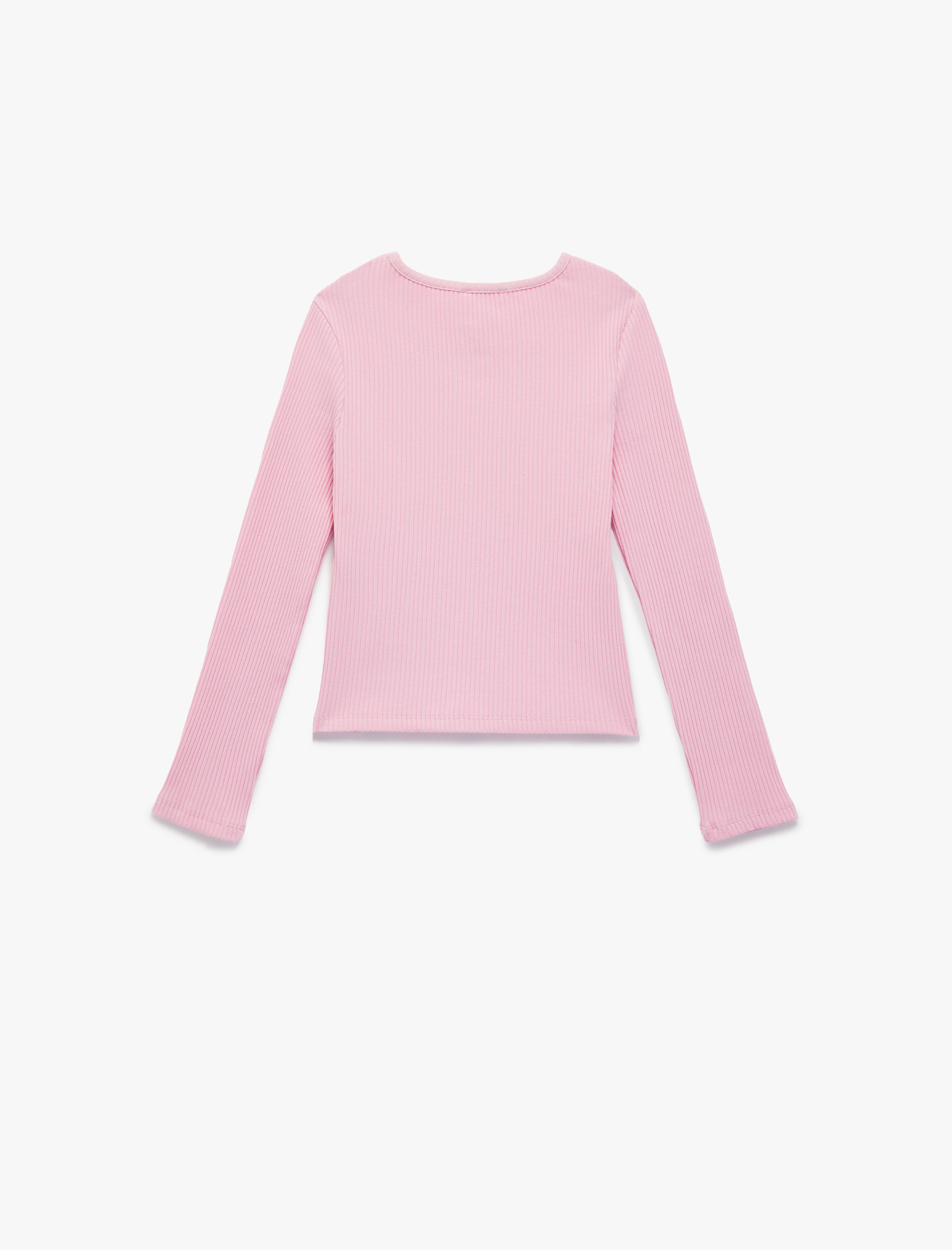  Kız Çocuk Pamuklu Slim Fit Uzun Kollu Bisiklet Yaka Fiyonk Detaylı Fitilli Tişört