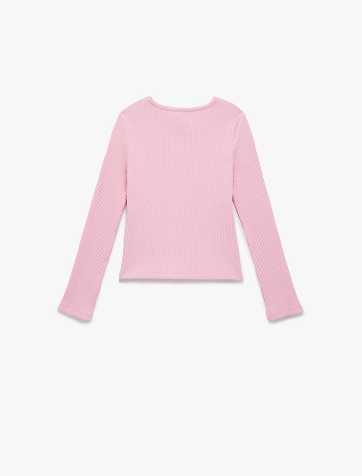 Kız Çocuk Pamuklu Slim Fit Uzun Kollu Bisiklet Yaka Fiyonk Detaylı Fitilli Tişört