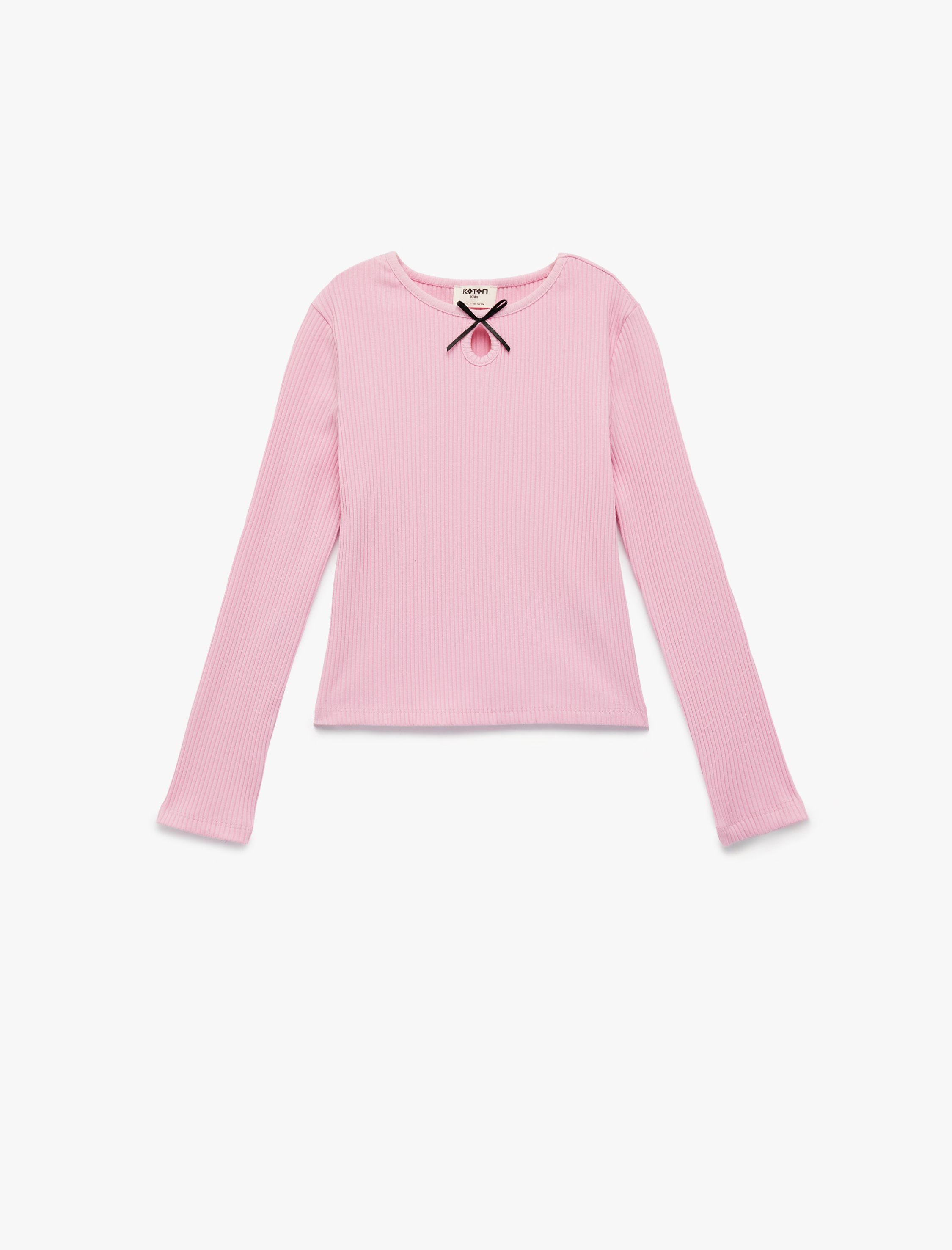  Kız Çocuk Pamuklu Slim Fit Uzun Kollu Bisiklet Yaka Fiyonk Detaylı Fitilli Tişört