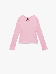 Pamuklu Slim Fit Uzun Kollu Bisiklet Yaka Fiyonk Detaylı Fitilli Tişört