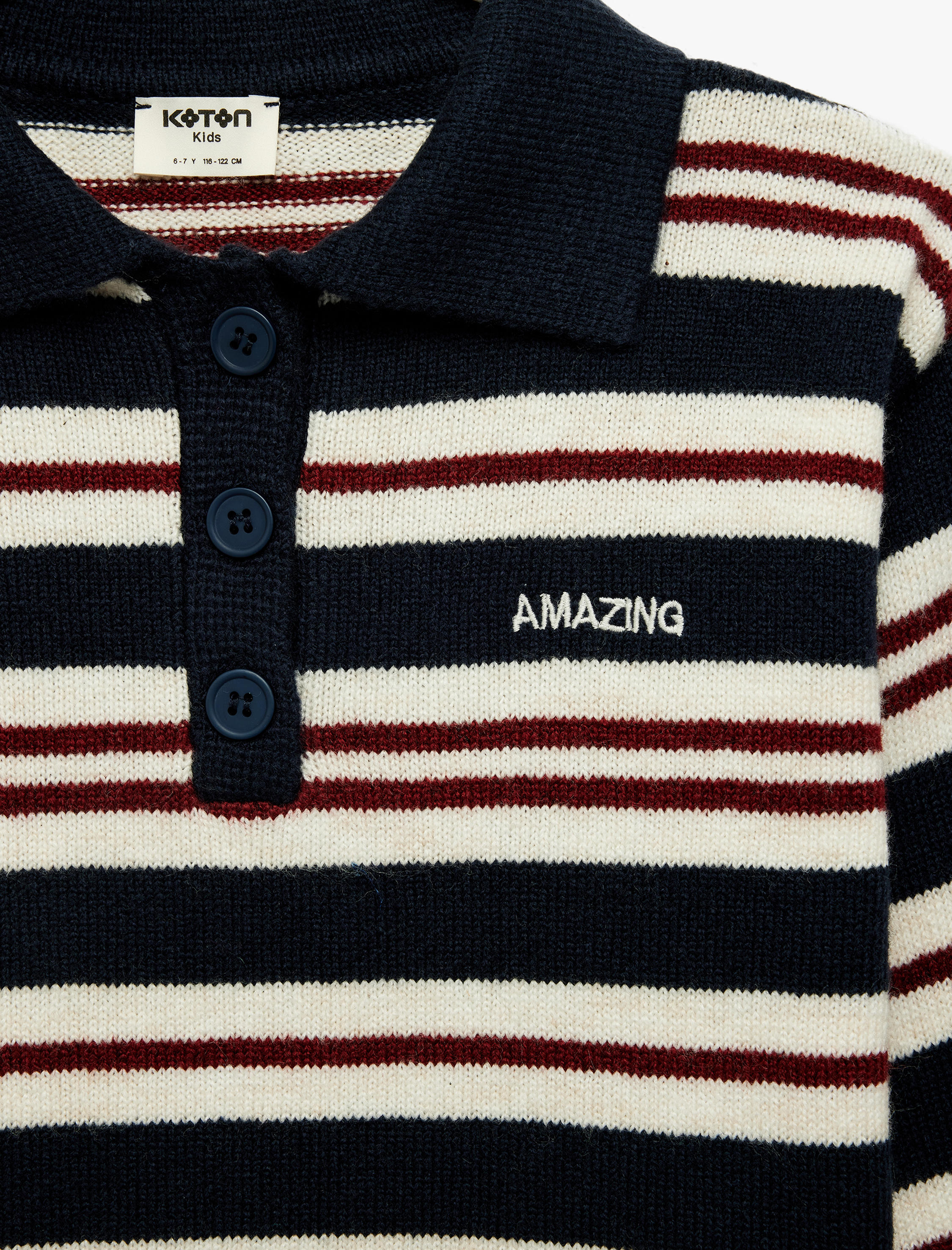  Kız Çocuk Nakışlı Düğmeli Uzun Kollu Polo Yaka Çizgili Triko Kazak