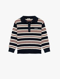 Nakışlı Düğmeli Uzun Kollu Polo Yaka Çizgili Triko Kazak