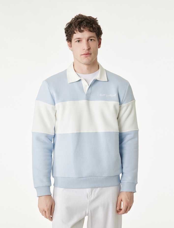  Uzun Kollu İşlemeli Renk Bloklu Polo Yaka Sweatshirt
