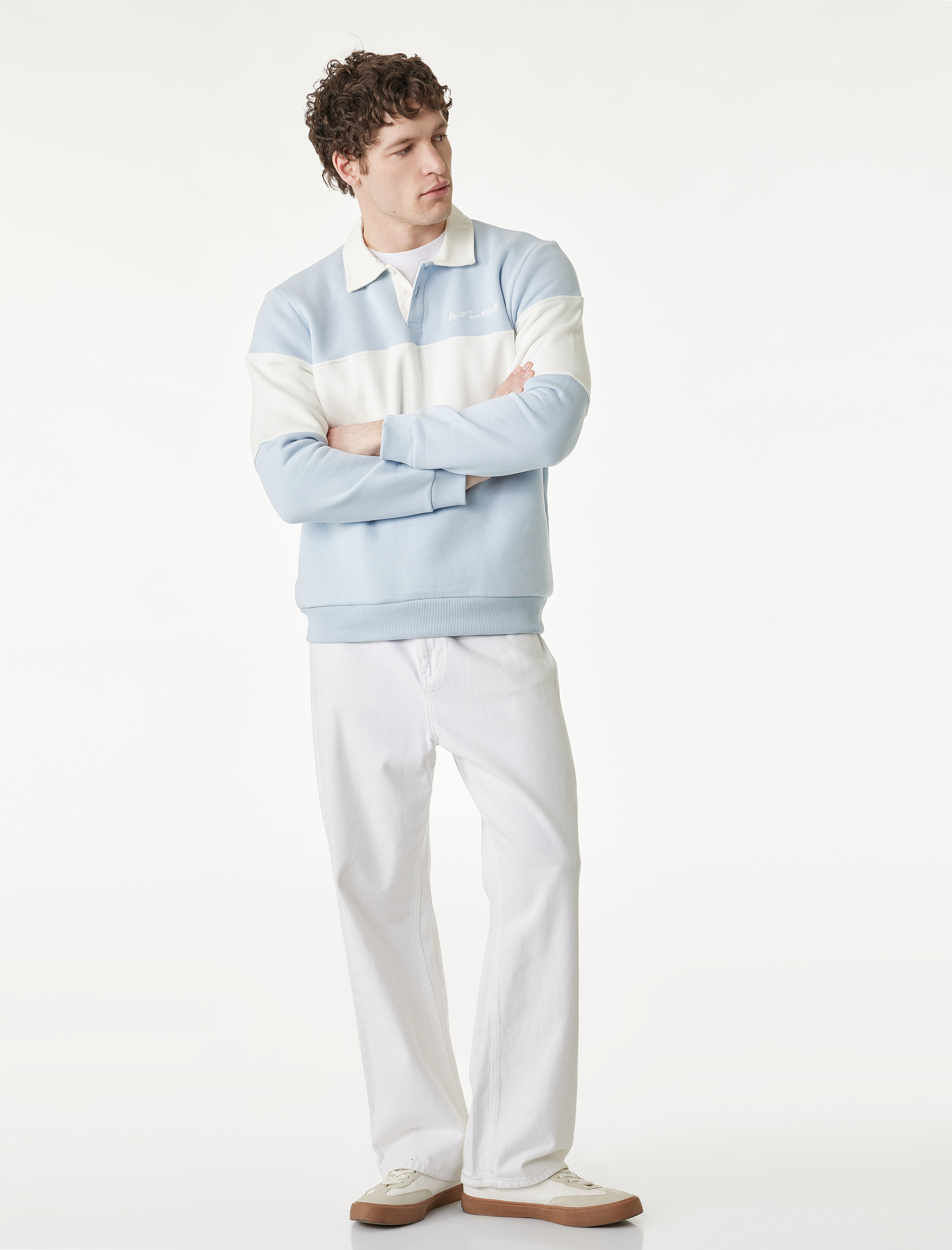   Uzun Kollu İşlemeli Renk Bloklu Polo Yaka Sweatshirt