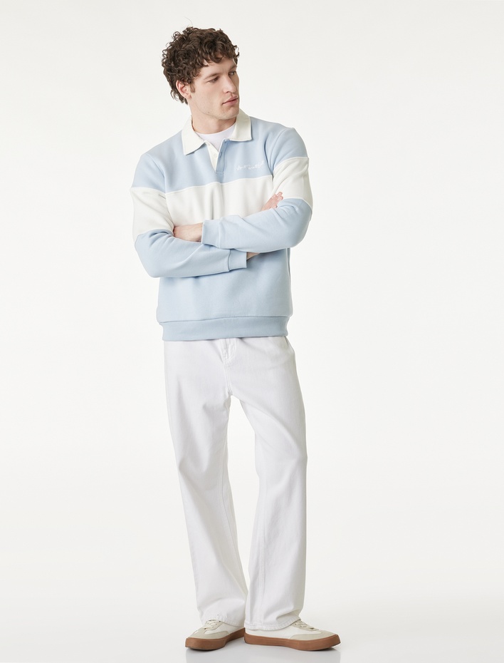  Uzun Kollu İşlemeli Renk Bloklu Polo Yaka Sweatshirt