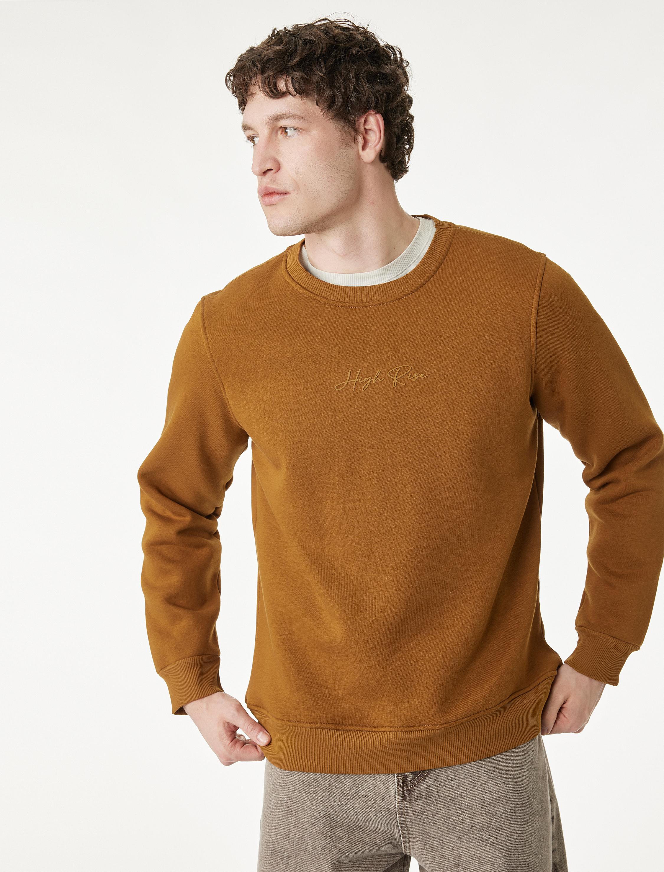   Regular Fit Uzun Kollu Şardonlu Bisiklet Yaka Basic Baskılı Sweatshirt