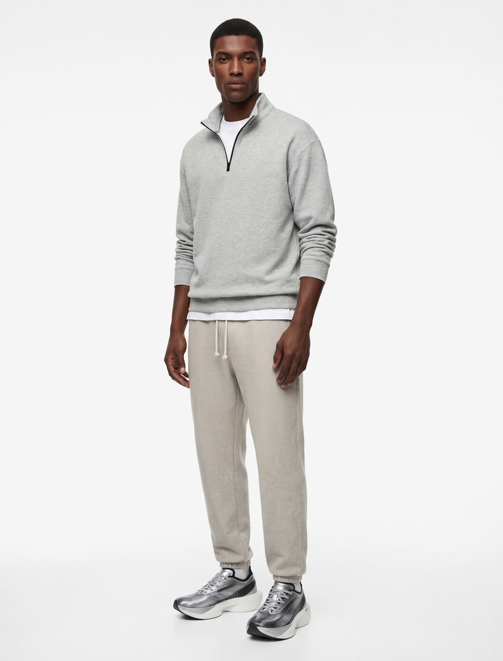  Uzun Kollu Viskon Karışımlı Yarım Fermuarlı Dik Yaka Spor Sweatshirt