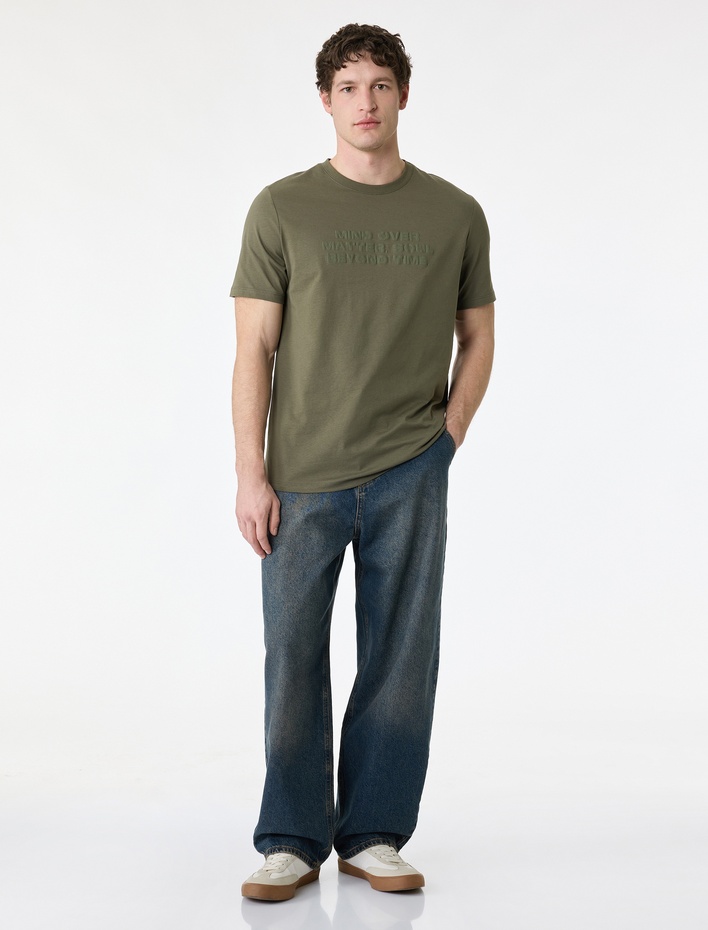  Regular Fit Kısa Kollu Pamuklu Bisiklet Yaka Baskılı Tişört