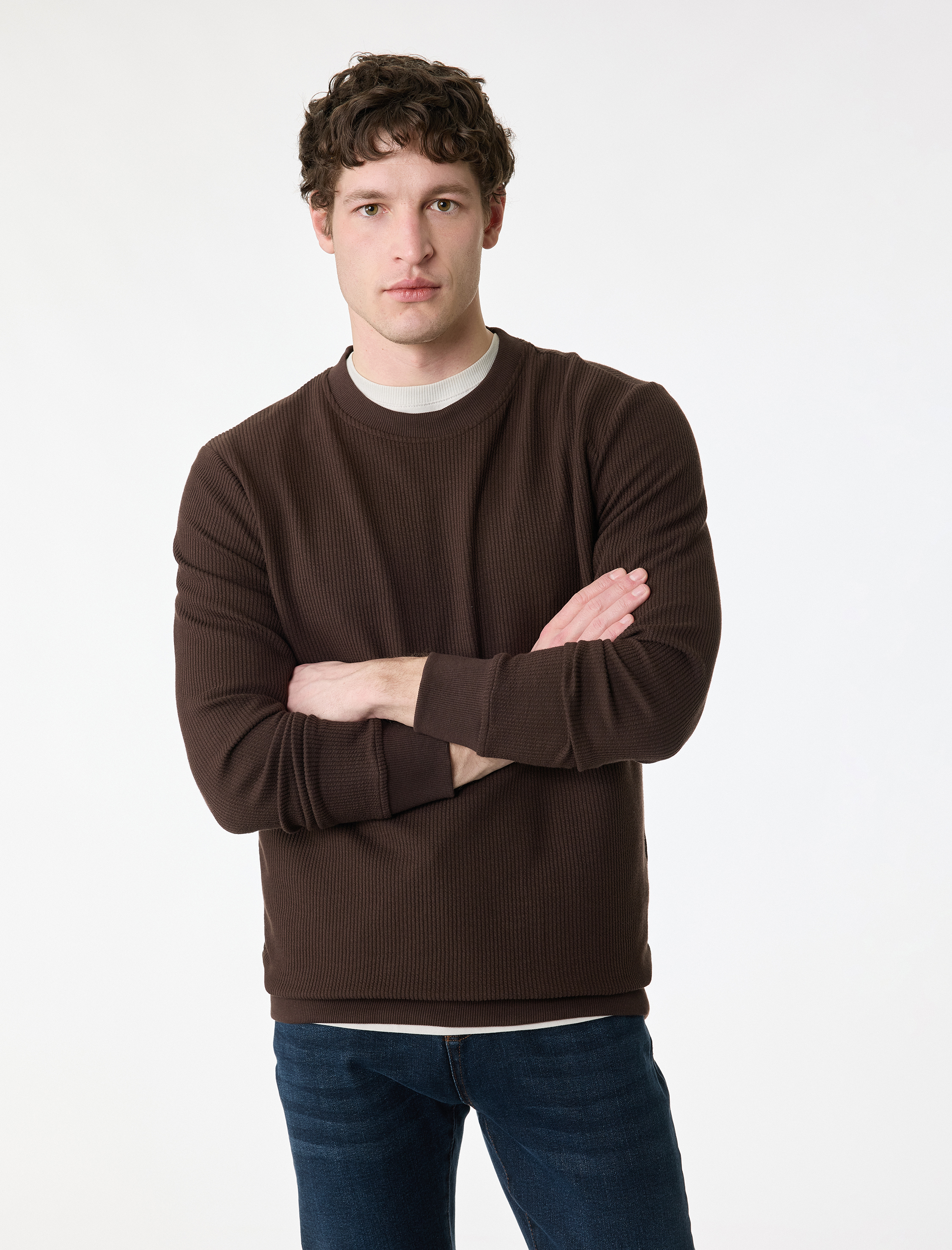   Uzun Kollu Fitilli Regular Fit Basic Bisiklet Yaka Sweatshirt