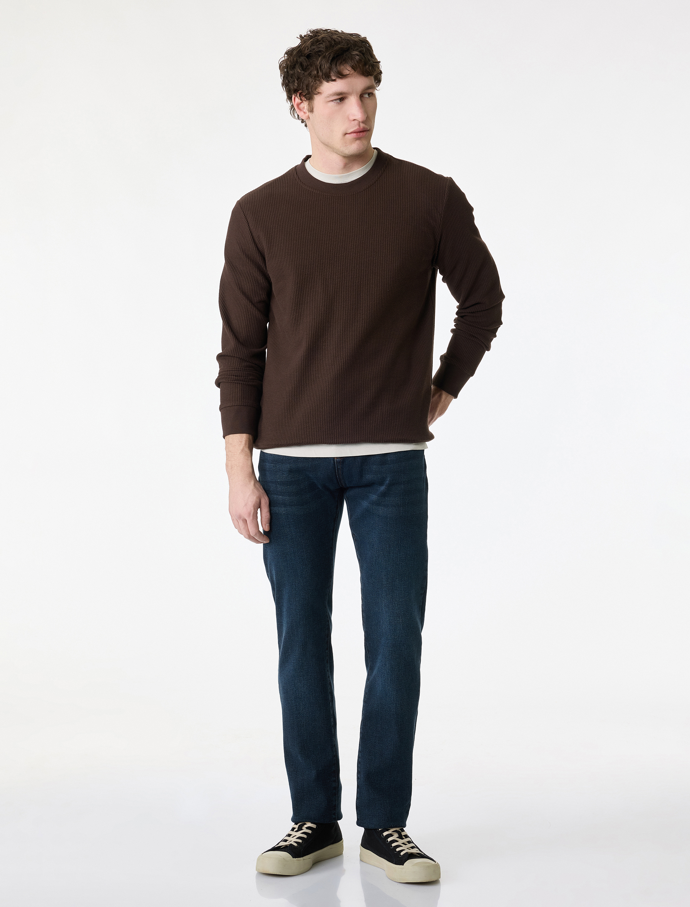   Uzun Kollu Fitilli Regular Fit Basic Bisiklet Yaka Sweatshirt