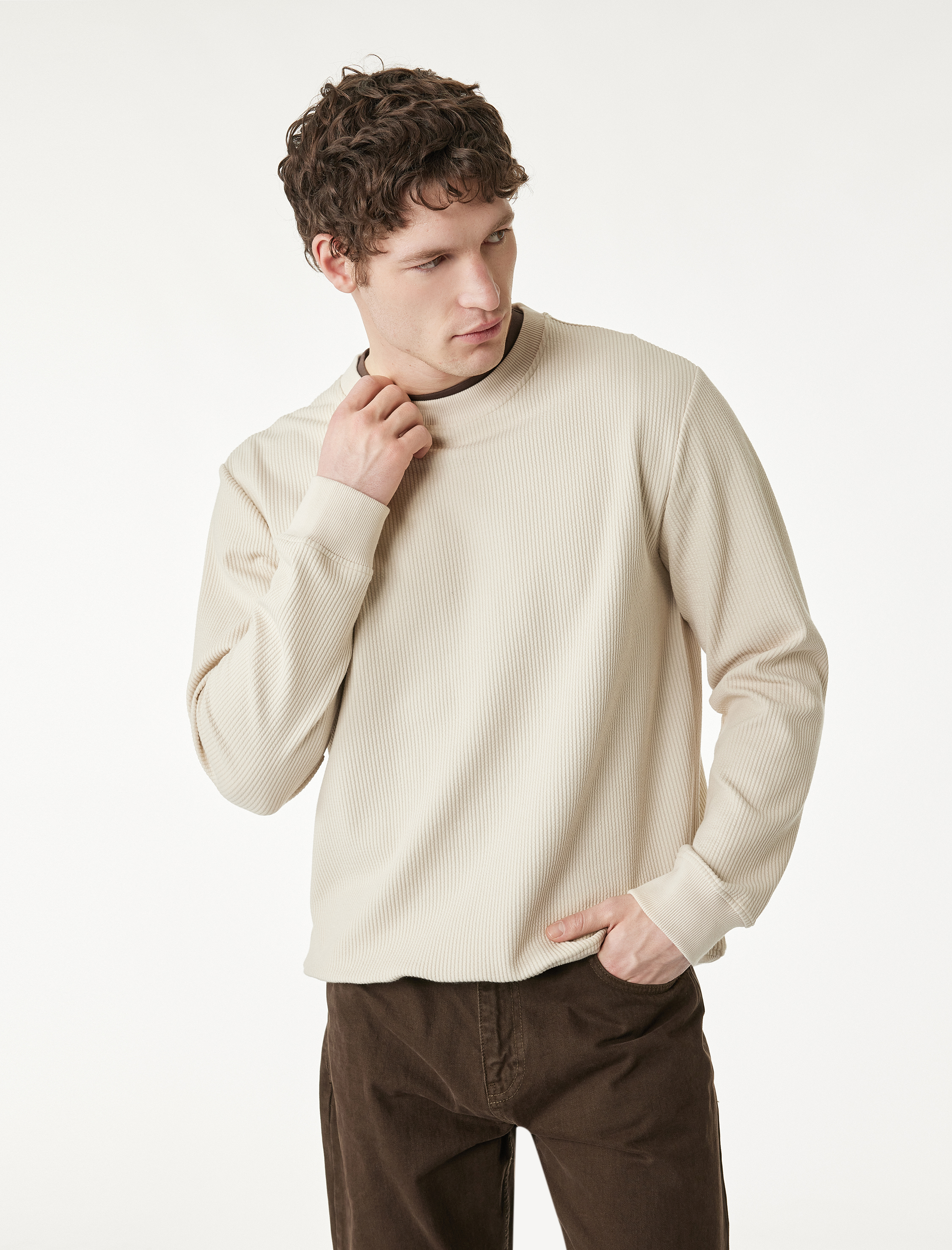   Uzun Kollu Fitilli Regular Fit Basic Bisiklet Yaka Sweatshirt