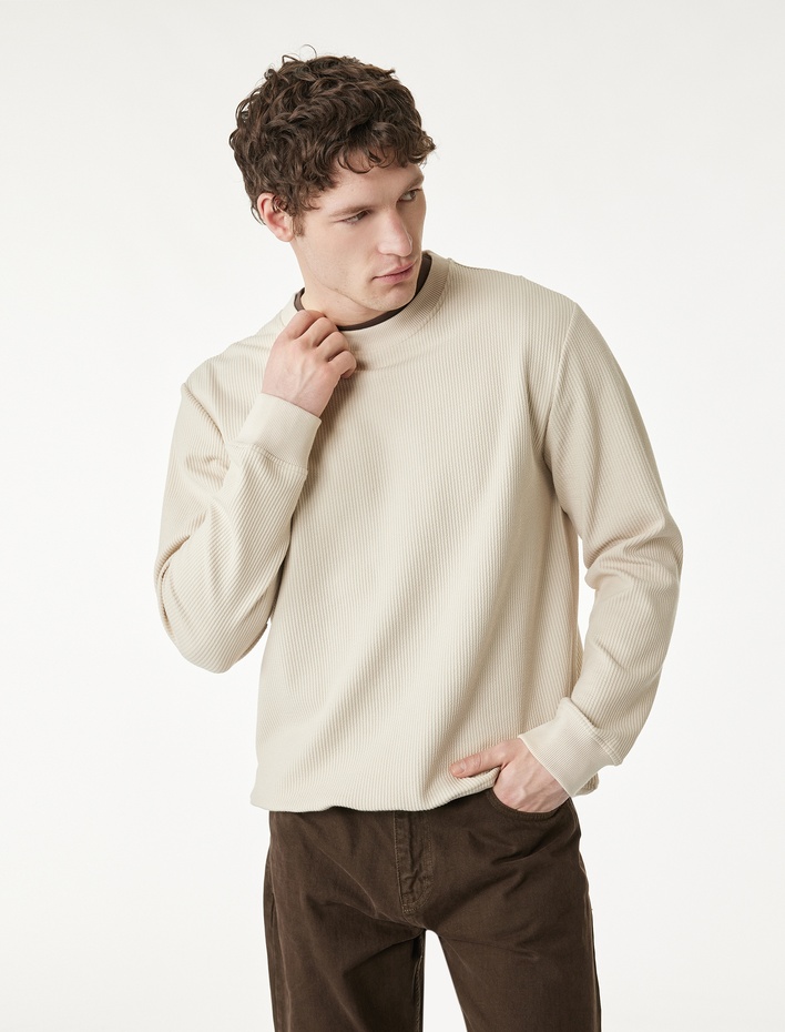  Uzun Kollu Fitilli Regular Fit Basic Bisiklet Yaka Sweatshirt