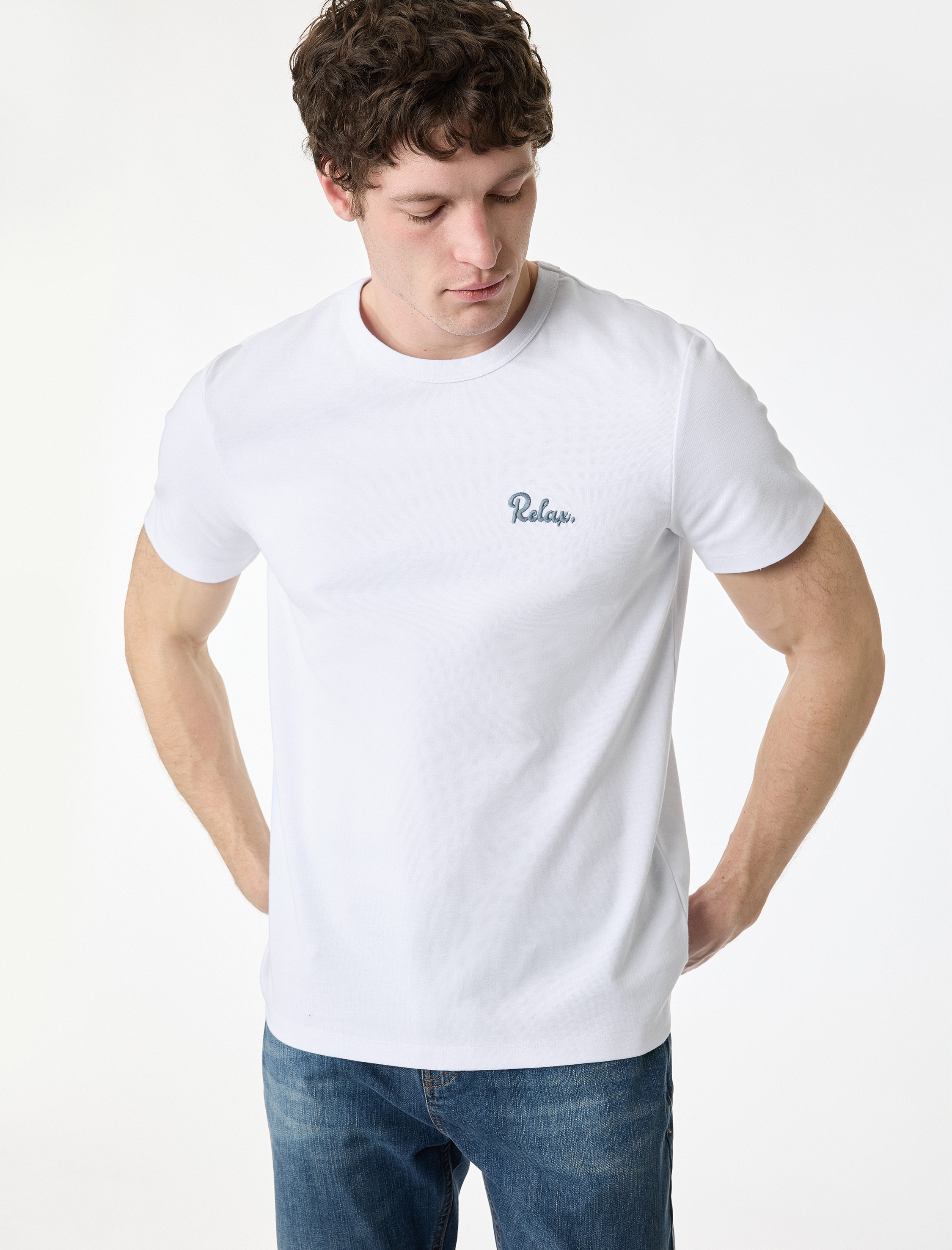   Slim Fit Kısa Kollu Pamuklu Bisiklet Yaka Baskılı Tişört