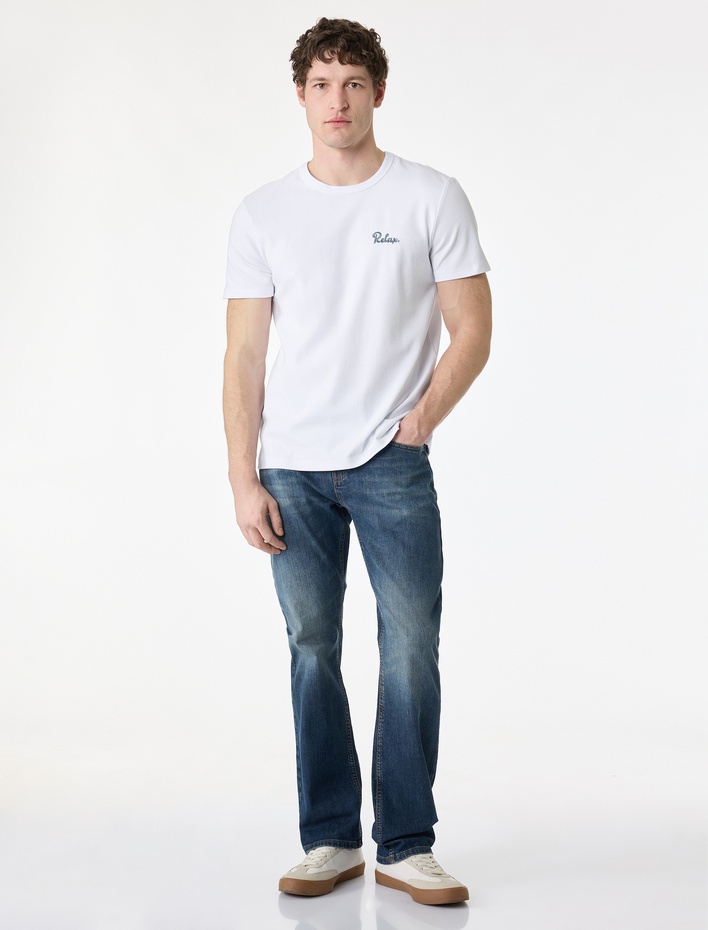  Slim Fit Kısa Kollu Pamuklu Bisiklet Yaka Baskılı Tişört