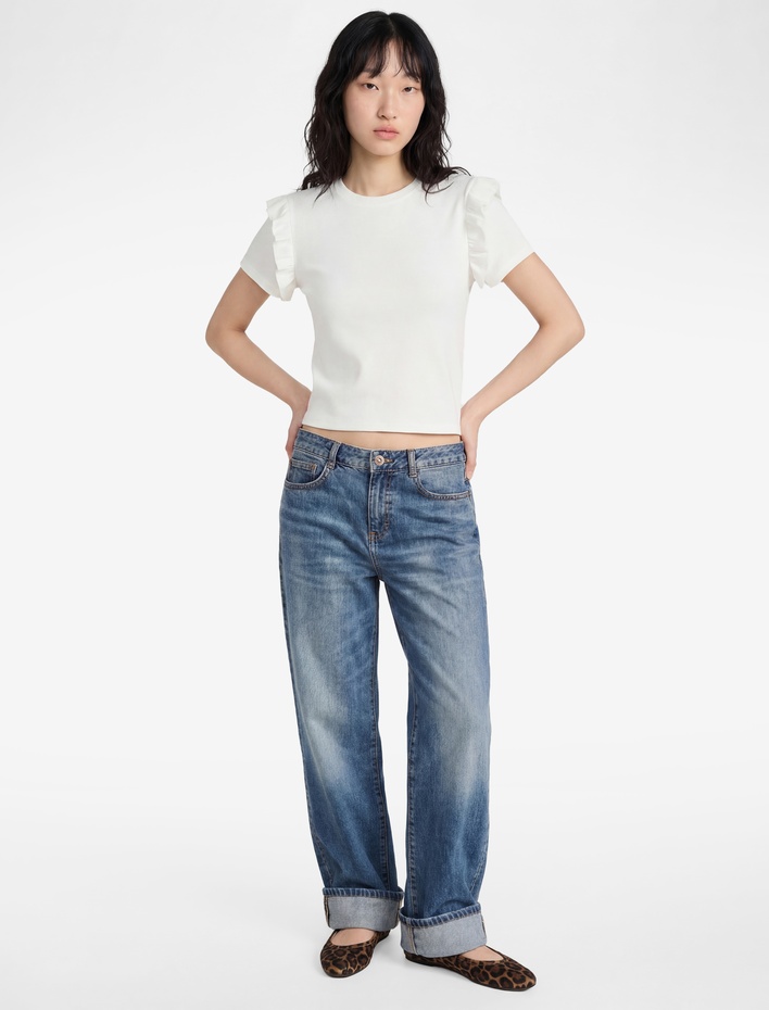  Kısa Kollu Fırfır Detaylı Bisiklet Yaka Tişört