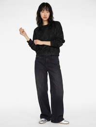 Oversize Uzun Kollu Simli Bisiklet Yaka Sweatshirt