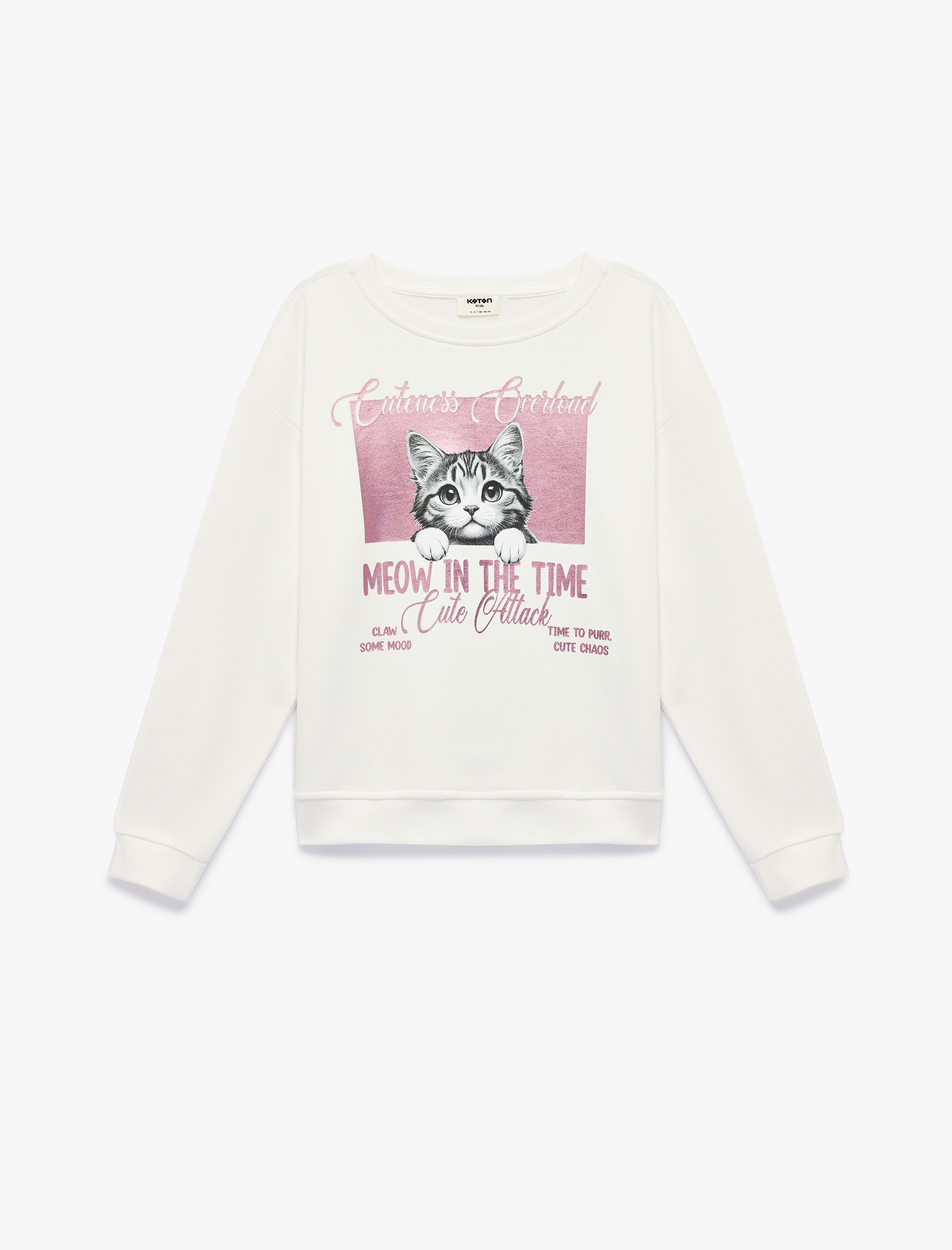  Kız Çocuk Uzun Kollu Bisiklet Yaka Kedi Baskılı Sweatshirt
