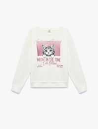Uzun Kollu Bisiklet Yaka Kedi Baskılı Sweatshirt