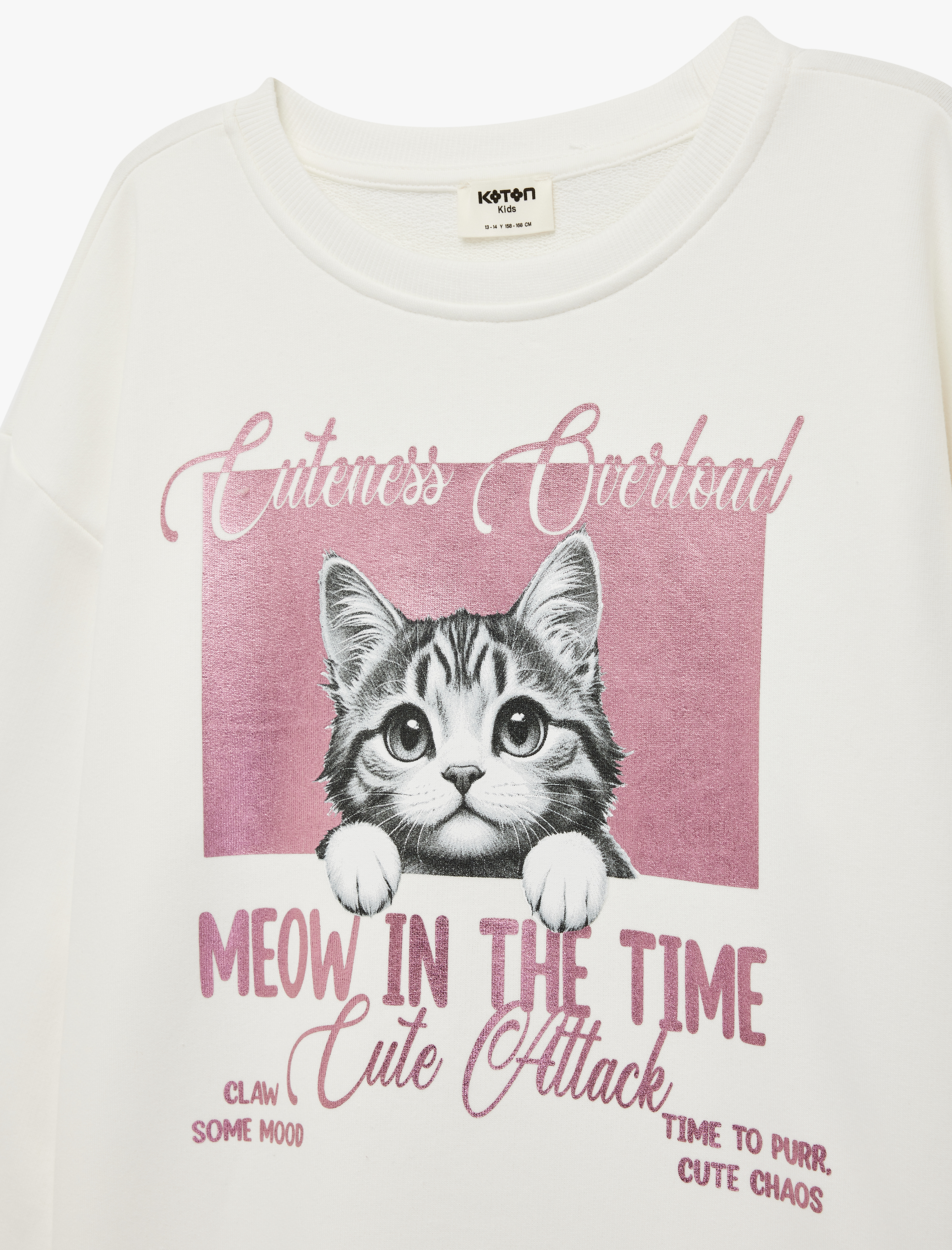  Kız Çocuk Uzun Kollu Bisiklet Yaka Kedi Baskılı Sweatshirt