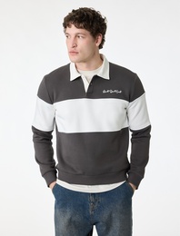 Uzun Kollu İşlemeli Renk Bloklu Polo Yaka Sweatshirt