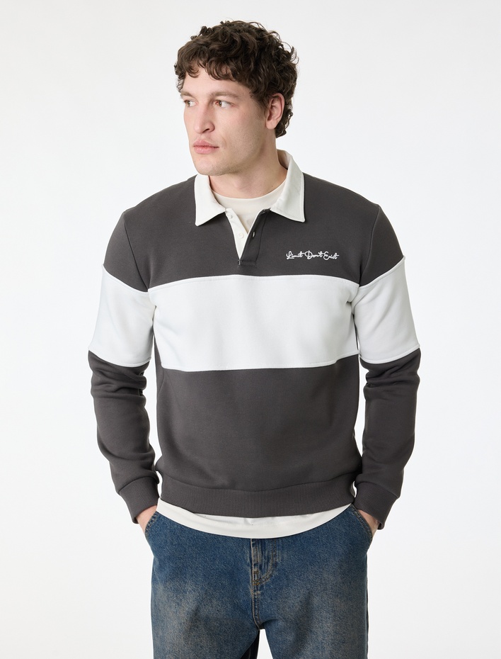  Uzun Kollu İşlemeli Renk Bloklu Polo Yaka Sweatshirt