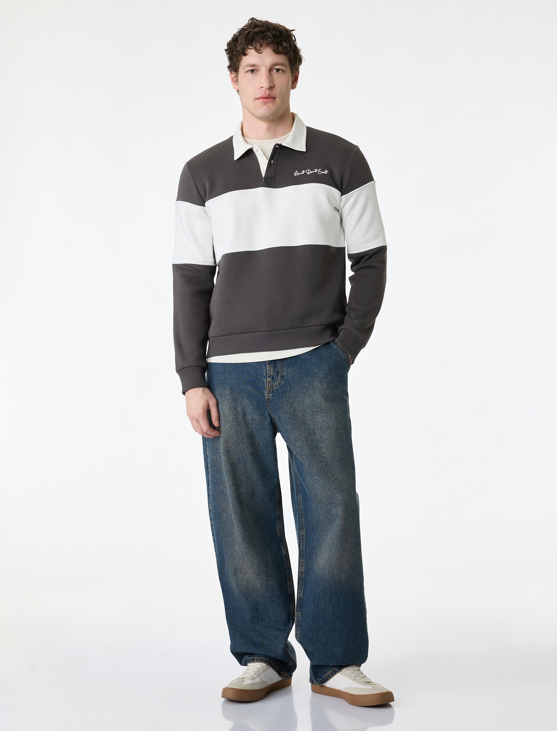   Uzun Kollu İşlemeli Renk Bloklu Polo Yaka Sweatshirt