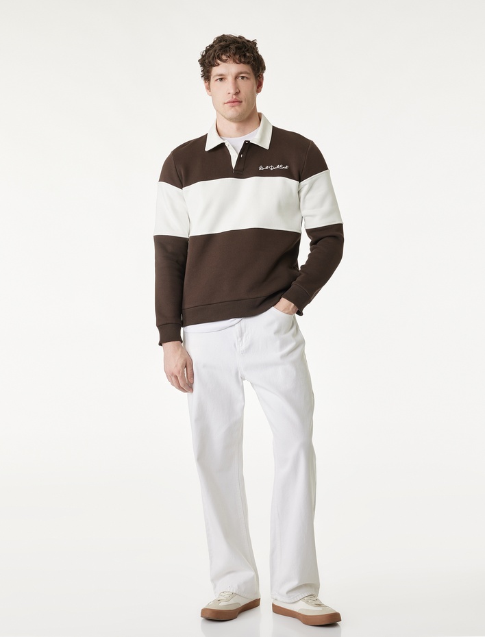  Uzun Kollu İşlemeli Renk Bloklu Polo Yaka Sweatshirt