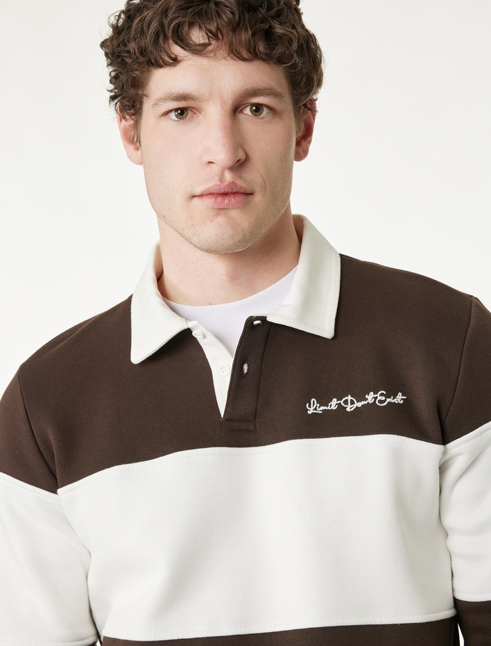  Uzun Kollu İşlemeli Renk Bloklu Polo Yaka Sweatshirt