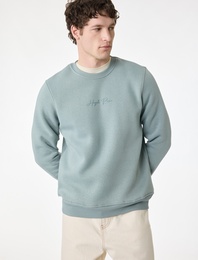 Regular Fit Uzun Kollu Şardonlu Bisiklet Yaka Basic Baskılı Sweatshirt