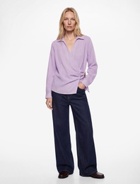 Metal Aksesuarlı Viskon Karışımlı Uzun Kollu Kruvaze Yaka Bluz