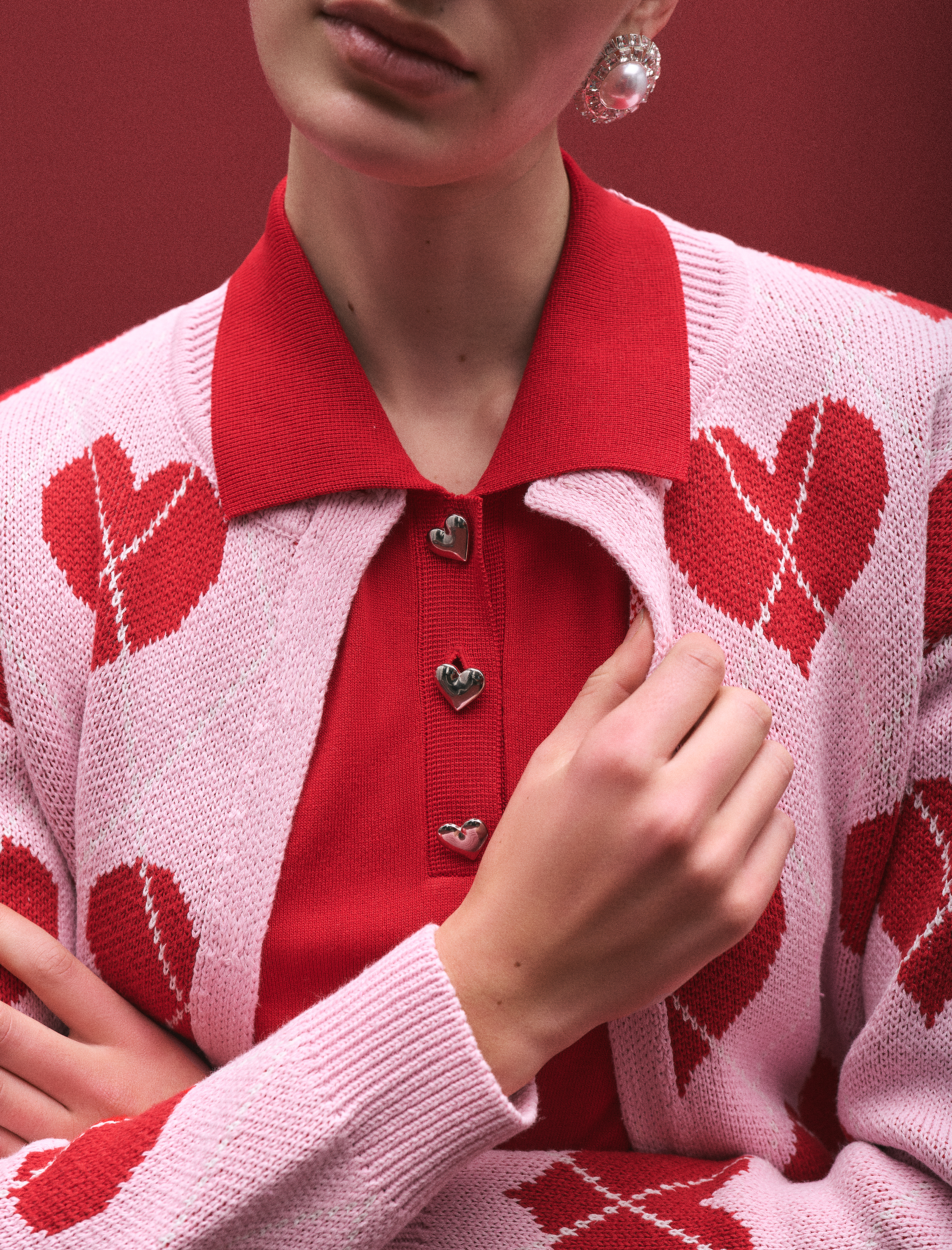   Düğmeli Uzun Kollu Bisiklet Yaka Kalpli Hırka