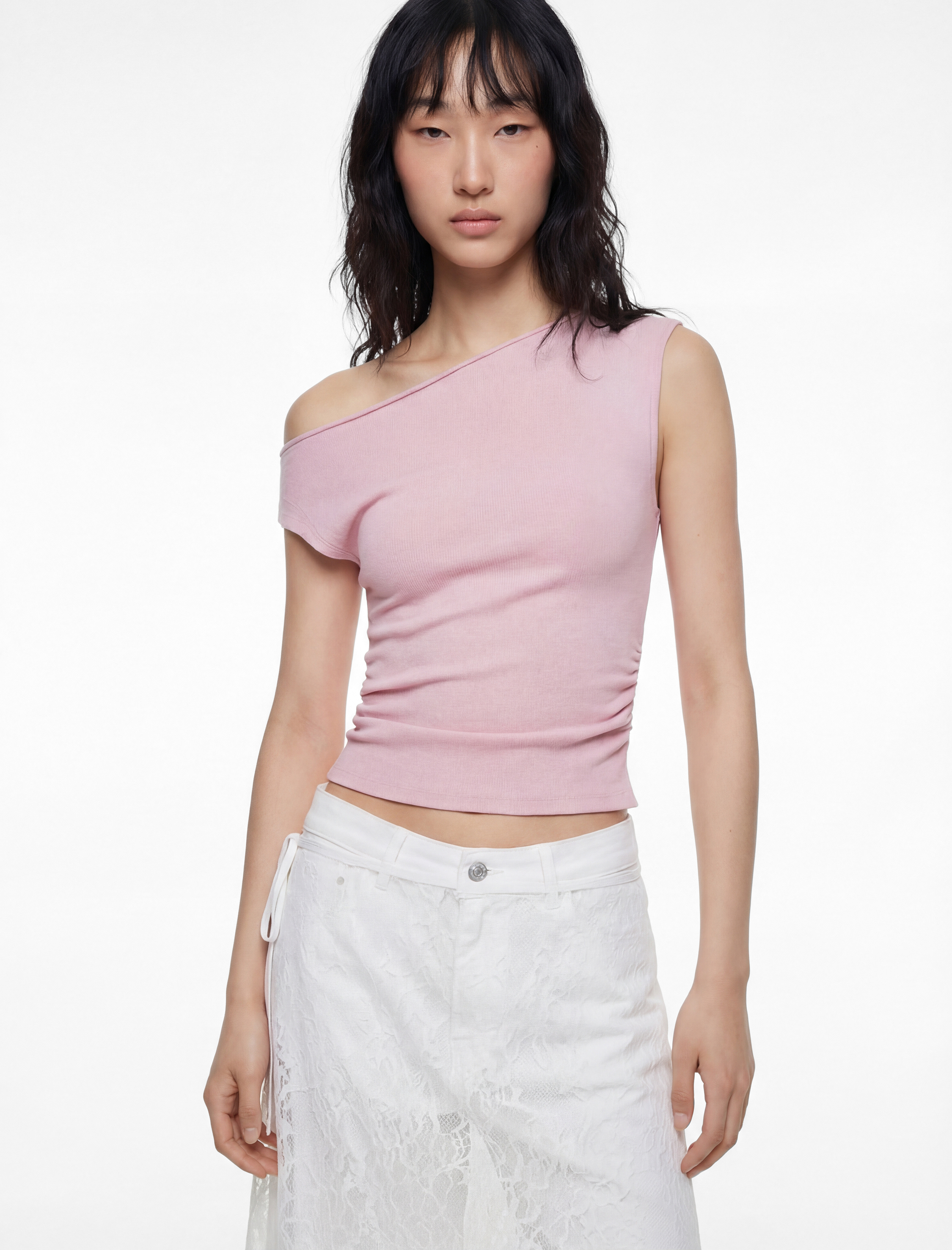   Slim Fit Asimetrik Yaka Drapeli Kolsuz Tişört