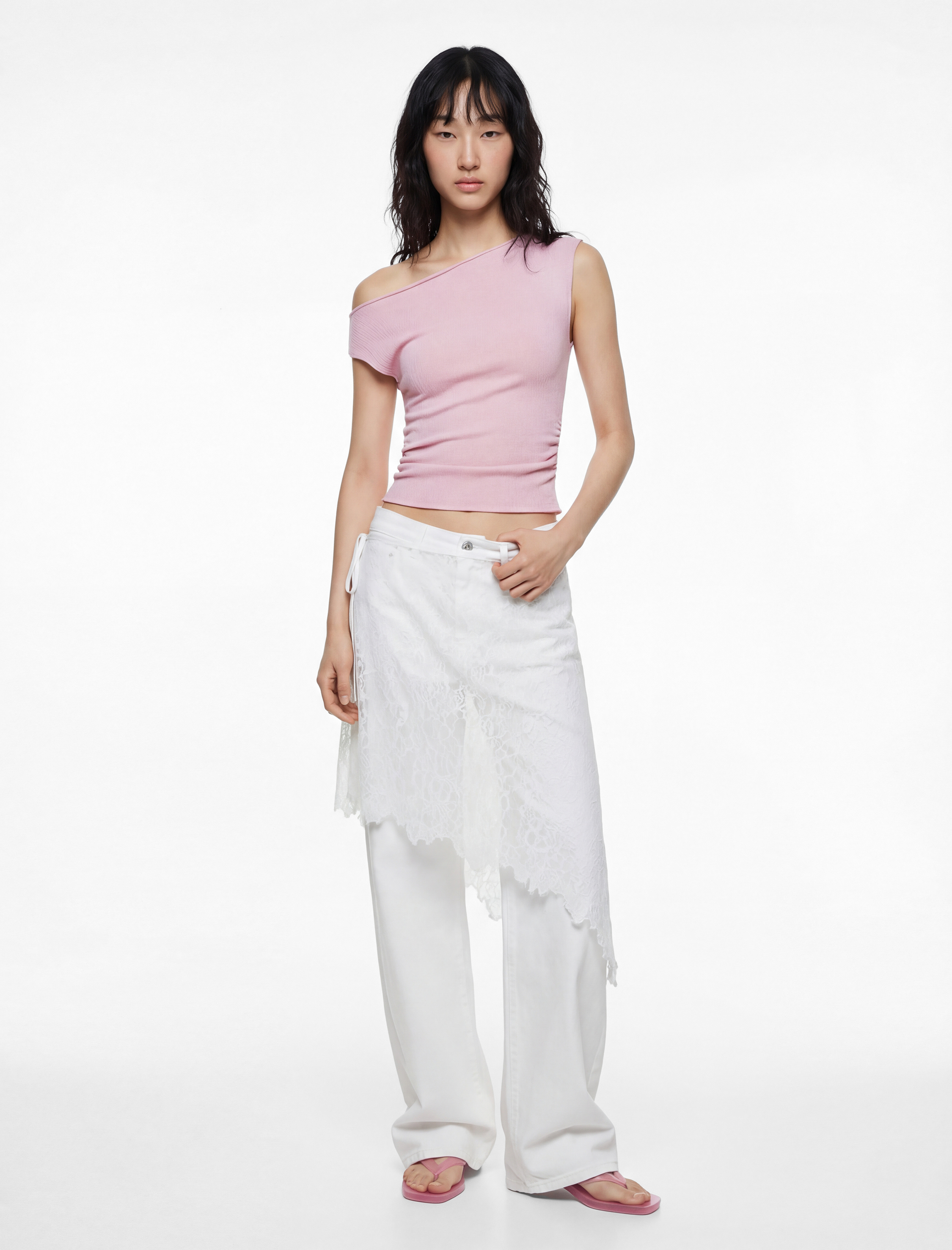   Slim Fit Asimetrik Yaka Drapeli Kolsuz Tişört