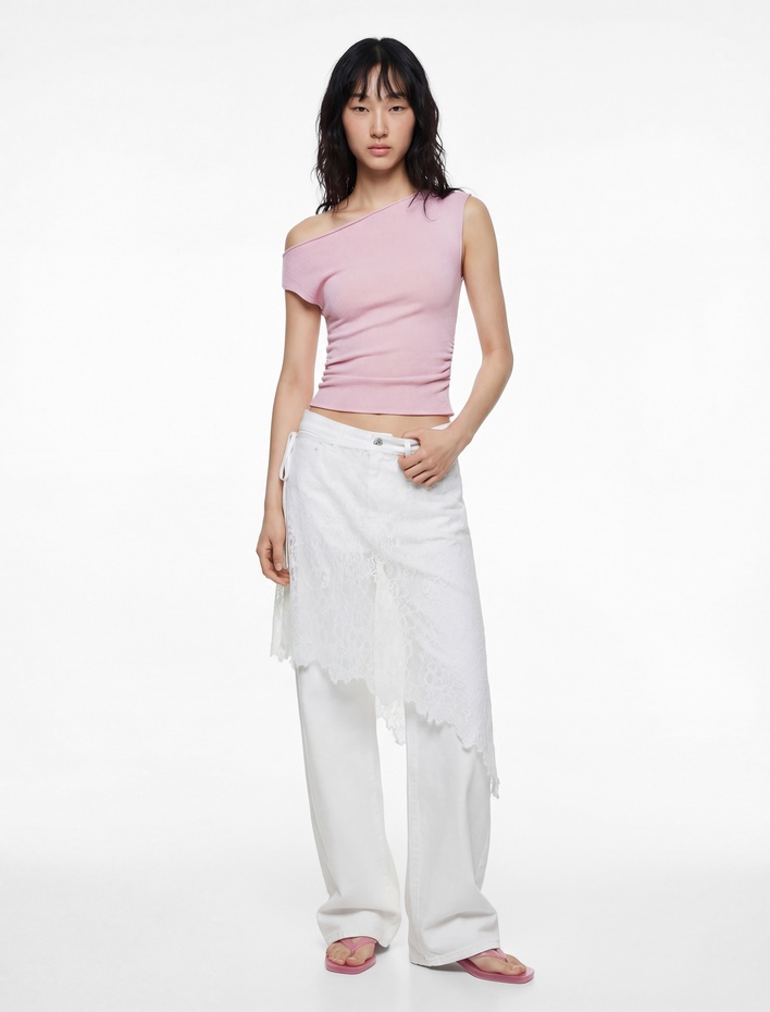  Slim Fit Asimetrik Yaka Drapeli Kolsuz Tişört