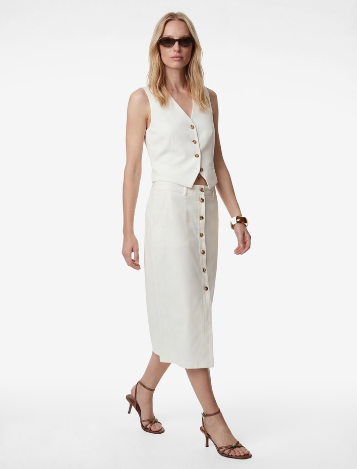  Düğmeli Viskon Karışımlı Yırtmaç Detaylı Midi Etek