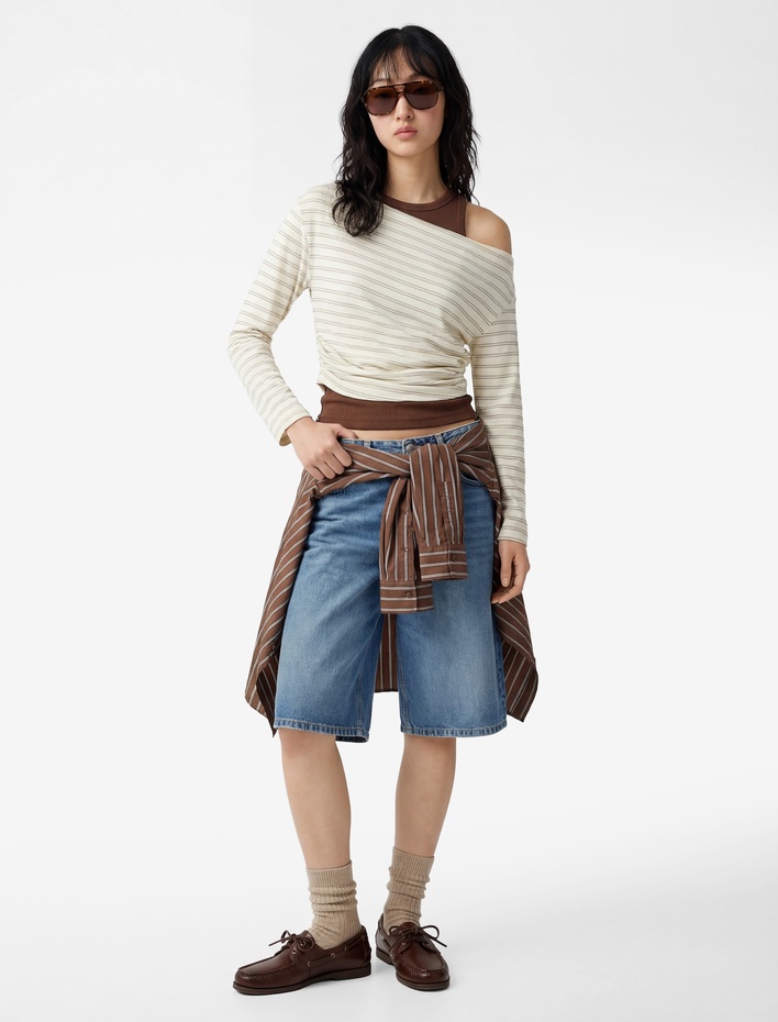  Drapeli Uzun Kollu Asimetrik Yaka Çizgili Tişört