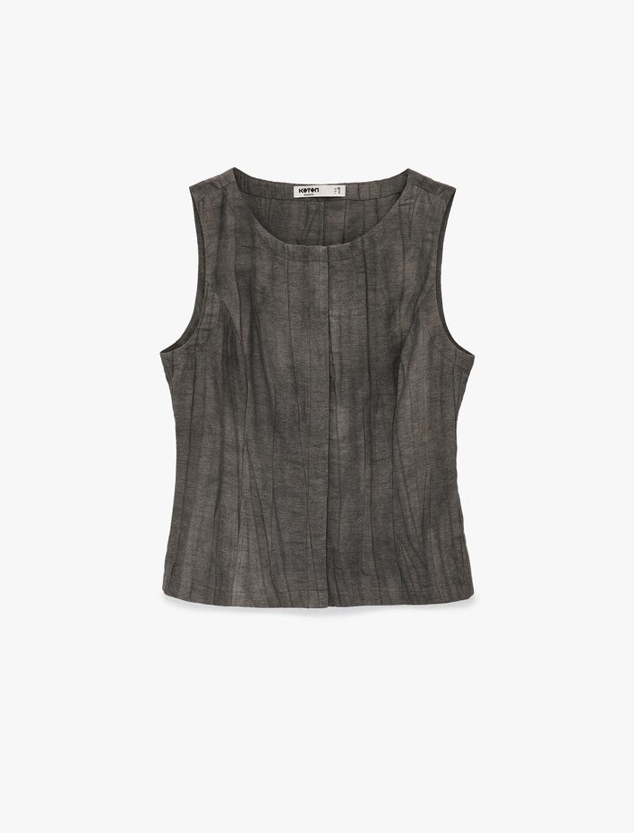  Kolsuz Bisiklet Yaka Keten Karışımlı Bluz