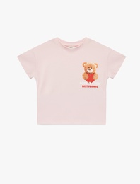 Pamuklu Kısa Kollu Bisiklet Yaka Kalpli Ayıcık Baskılı Tişört