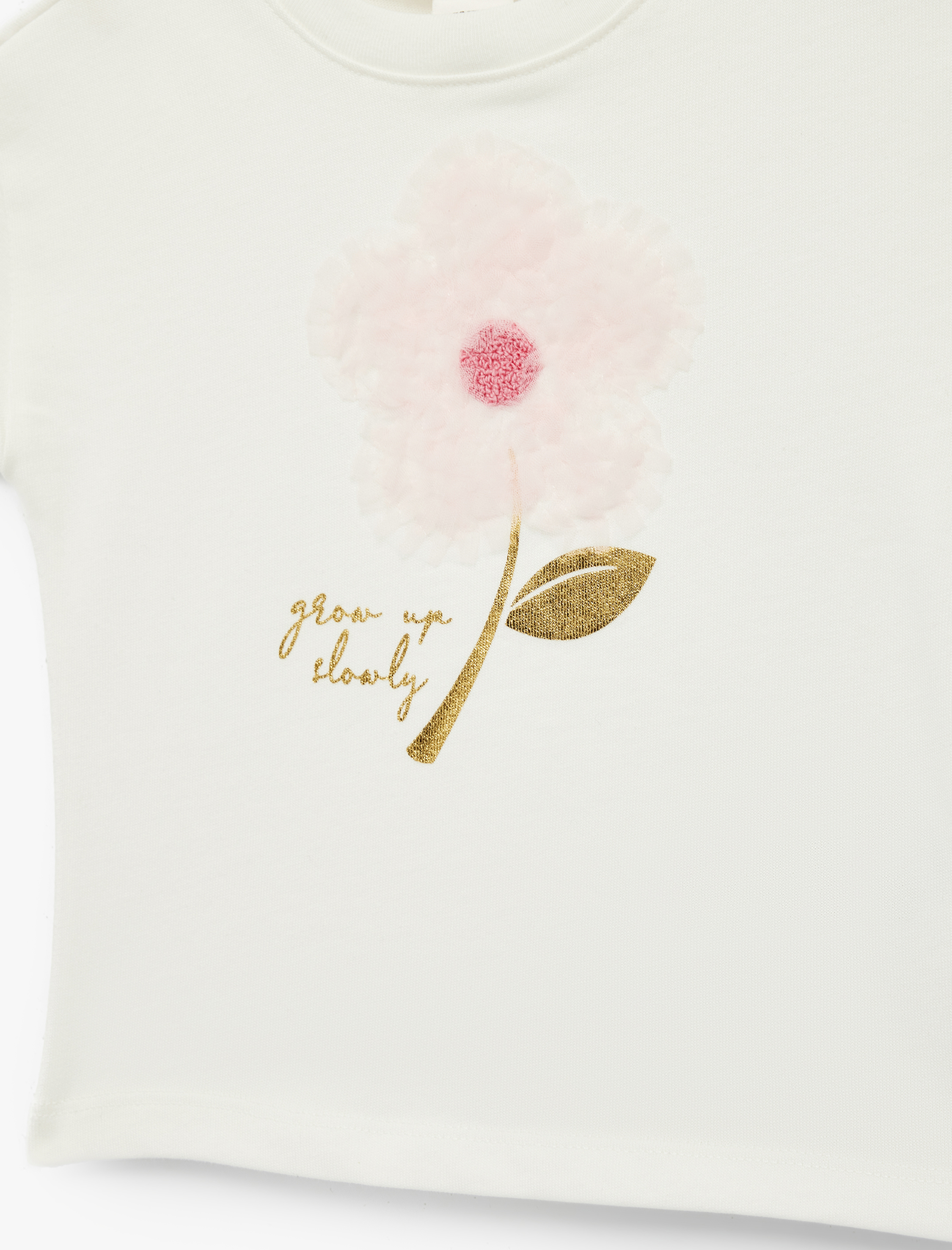  Kız Bebek Çiçek Aplike Detaylı Kısa Kollu Bisiklet Yaka Pamuklu Tişört