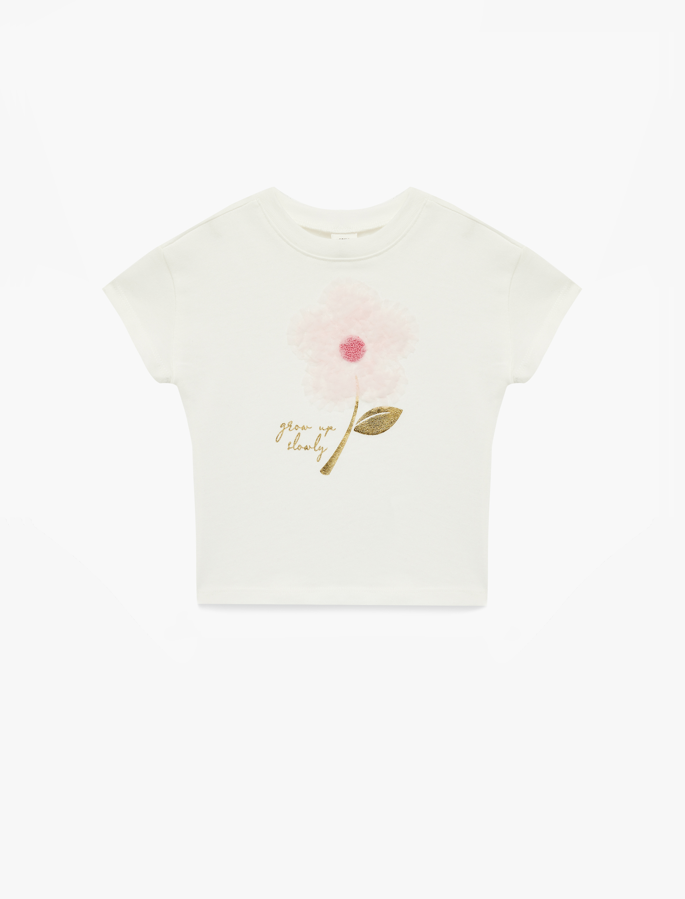  Kız Bebek Çiçek Aplike Detaylı Kısa Kollu Bisiklet Yaka Pamuklu Tişört