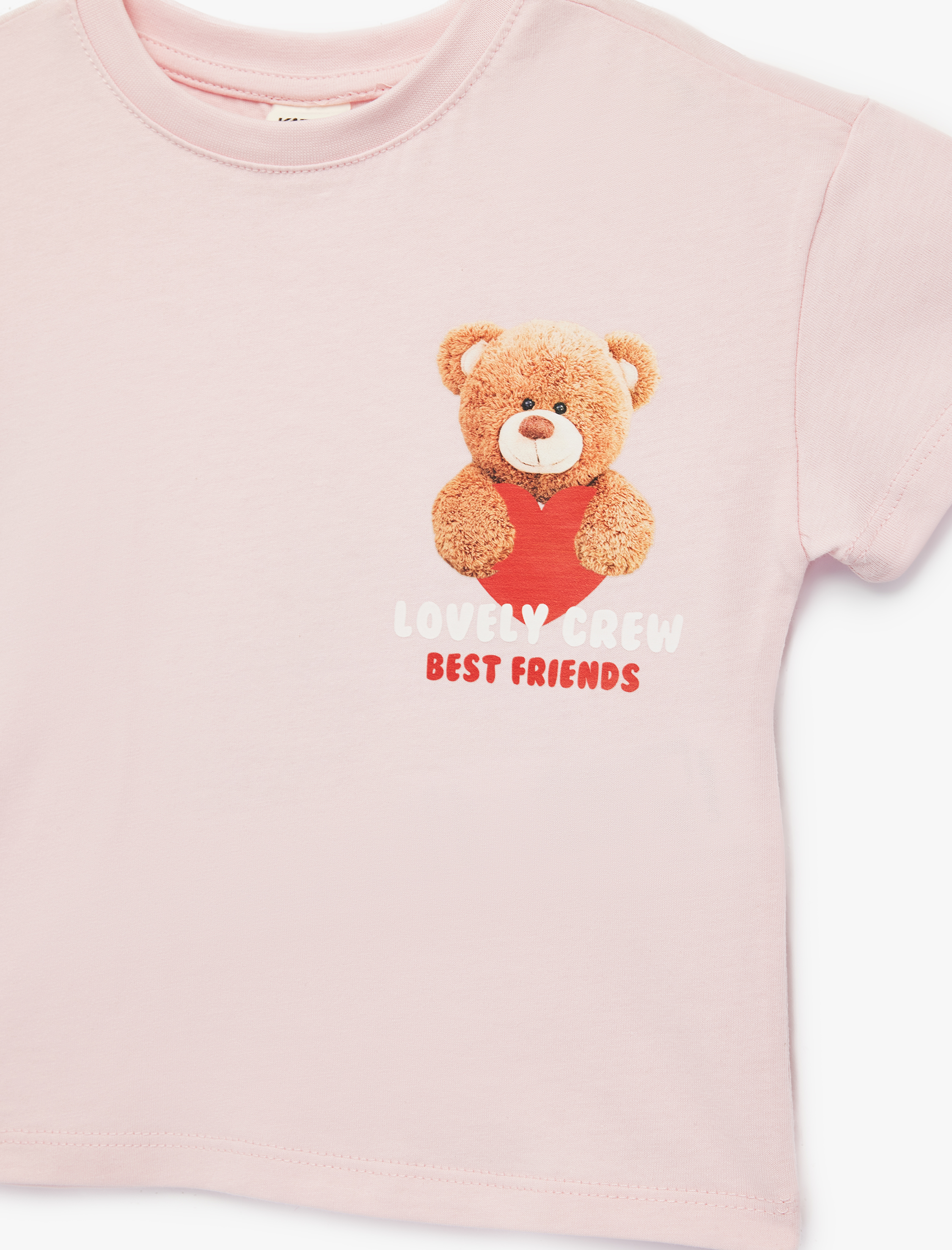  Kız Bebek Pamuklu Kısa Kollu Bisiklet Yaka Kalpli Ayıcık Baskılı Tişört