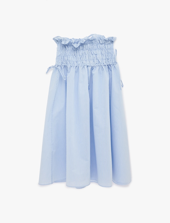  Pamuklu Yanları Bağlama Detaylı Gipeli Kloş Poplin Çizgili Midi Etek