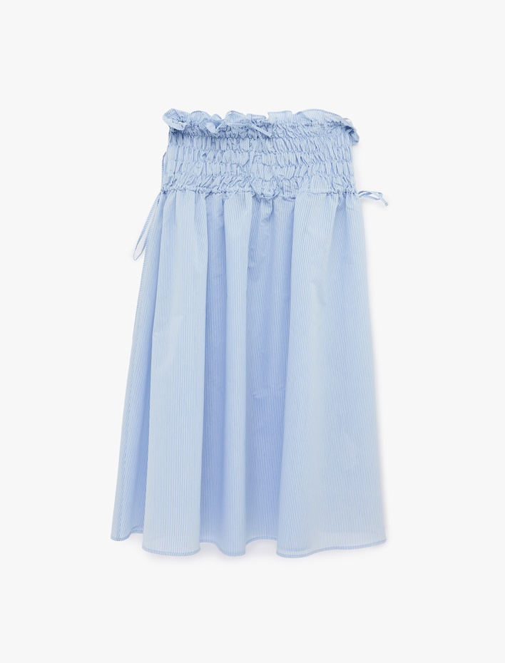  Pamuklu Yanları Bağlama Detaylı Gipeli Kloş Poplin Çizgili Midi Etek