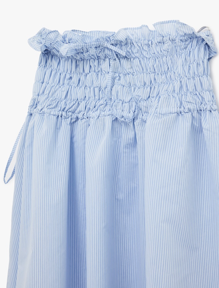  Pamuklu Yanları Bağlama Detaylı Gipeli Kloş Poplin Çizgili Midi Etek