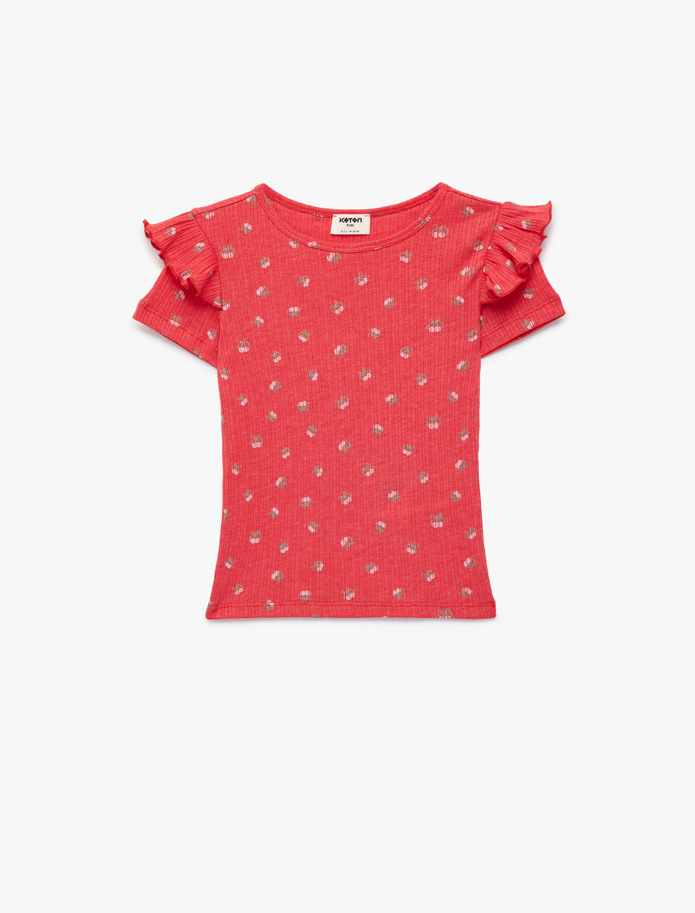  Kız Çocuk Slim Fit Kısa Kollu Bisiklet Yaka Kiraz Baskılı Fırfır Detaylı Tişört
