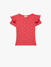 Slim Fit Kısa Kollu Bisiklet Yaka Kiraz Baskılı Fırfır Detaylı Tişört