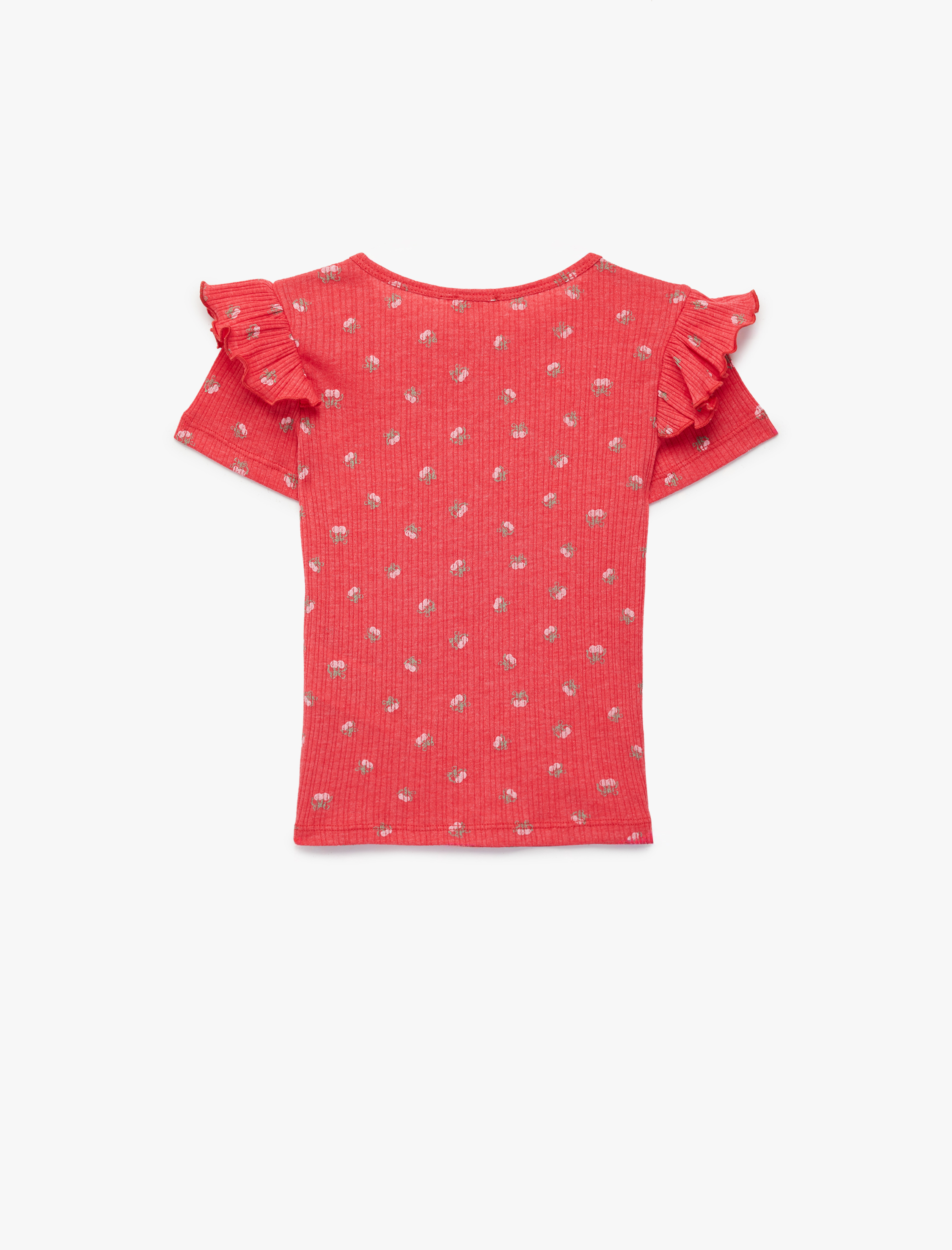  Kız Çocuk Slim Fit Kısa Kollu Bisiklet Yaka Kiraz Baskılı Fırfır Detaylı Tişört