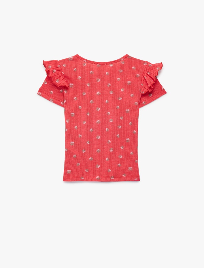 Kız Çocuk Slim Fit Kısa Kollu Bisiklet Yaka Kiraz Baskılı Fırfır Detaylı Tişört